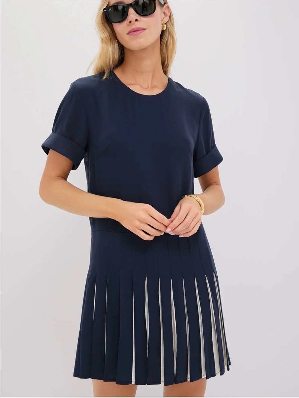 Tuckernuck Lita Pleated Dress Large Navy Blue Tencel Short Sleeve Mini Dress NWT